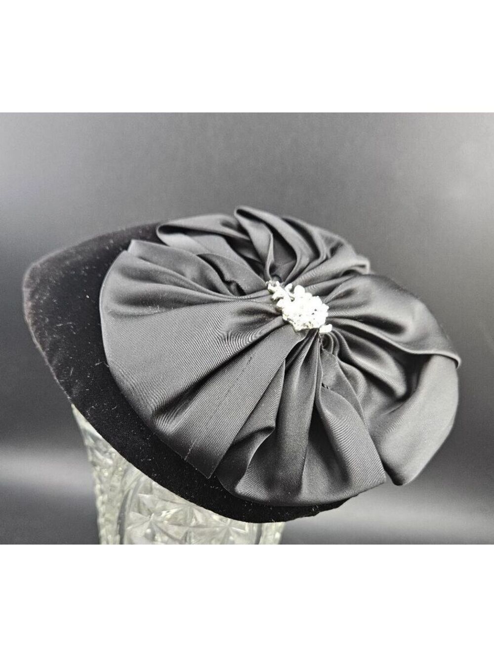 Vintage 1950s Paulette for Rich's Black Velvet Cocktail Hat Satin Bow Rhinestone